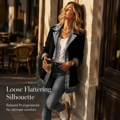 Model leaning against a stone wall holding a coffee cup, showing the loose, relaxed fit 7