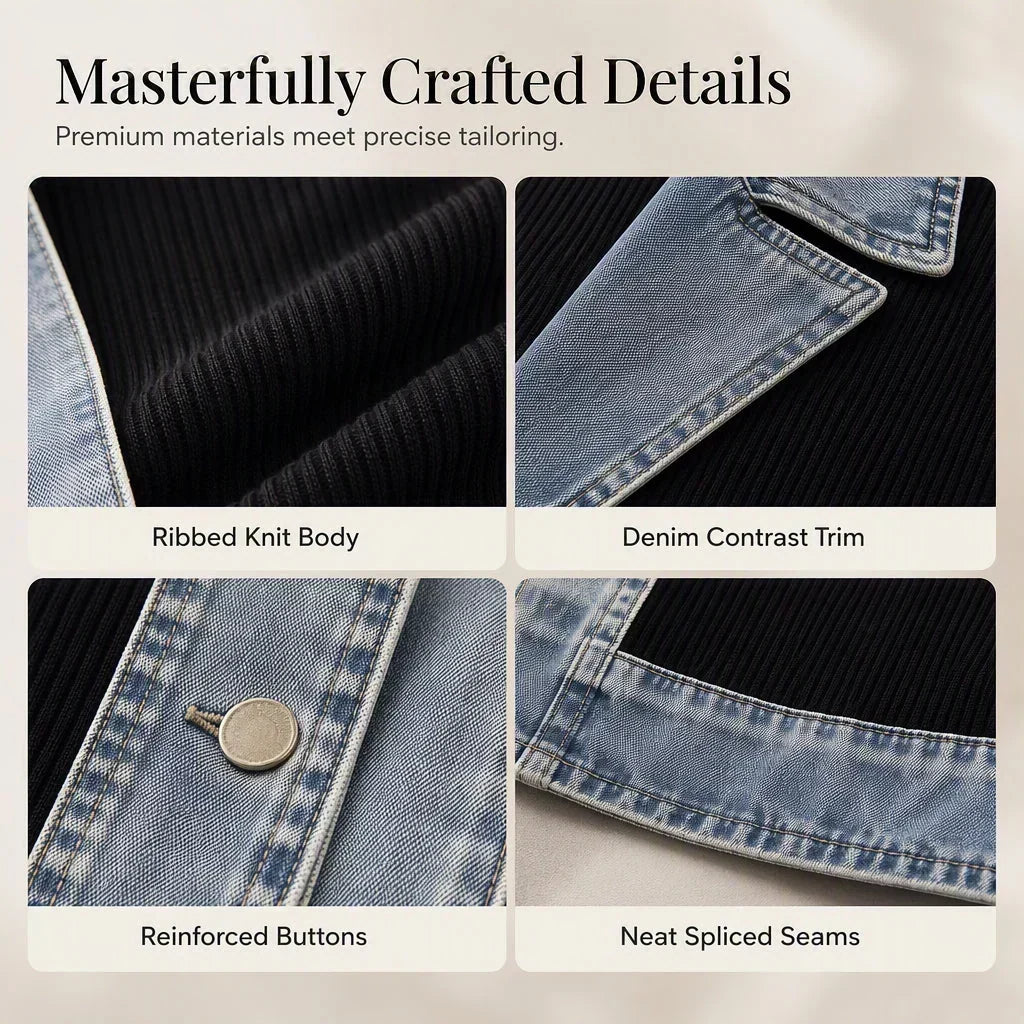 Four close-up details: ribbed knit body, denim contrast trim, buttons and spliced seams 9