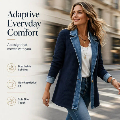 Model in the navy ribbed version with denim lapels, walking briskly down a city street 11