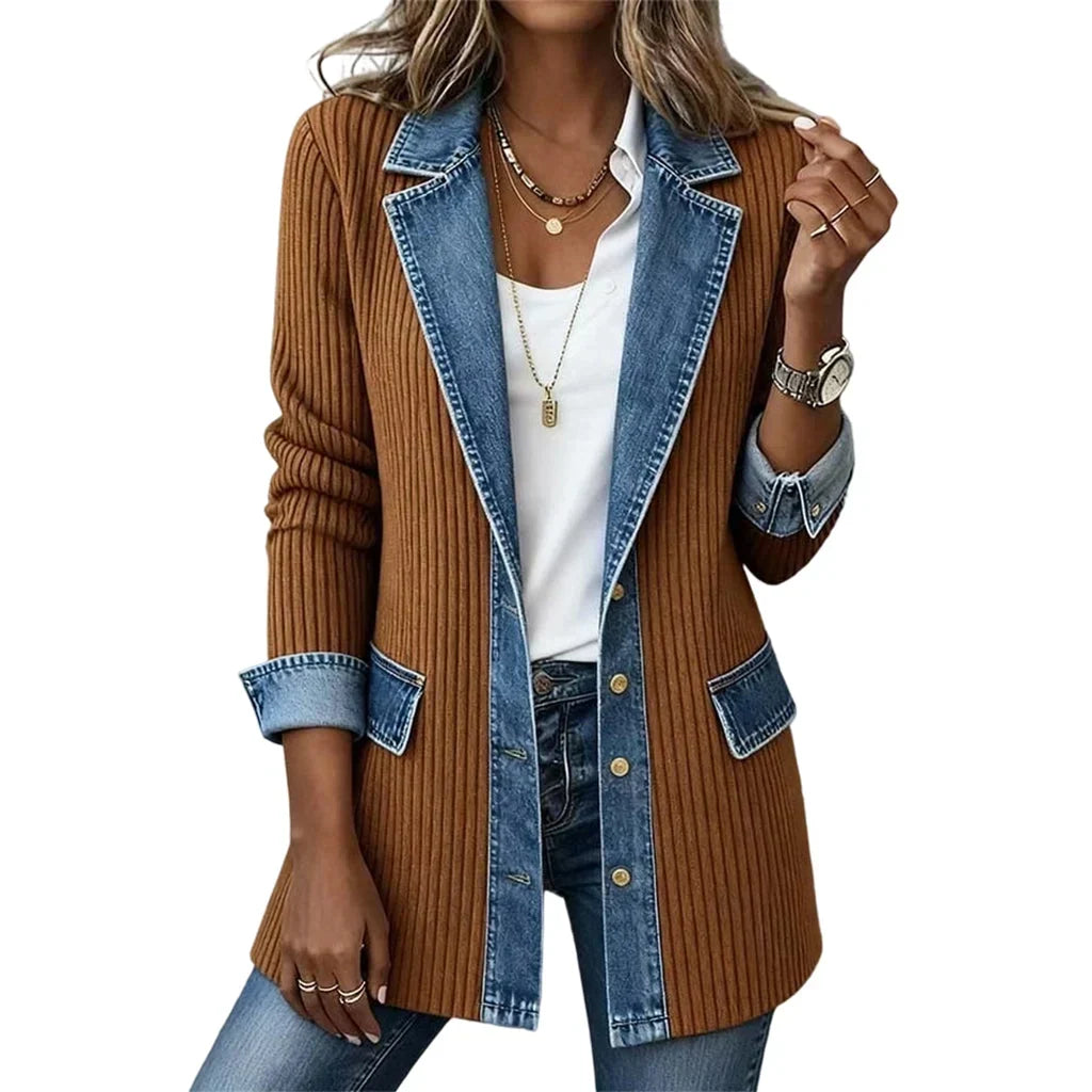 Front view of the brown ribbed knit version with denim lapels, flap pockets and gold buttons 14