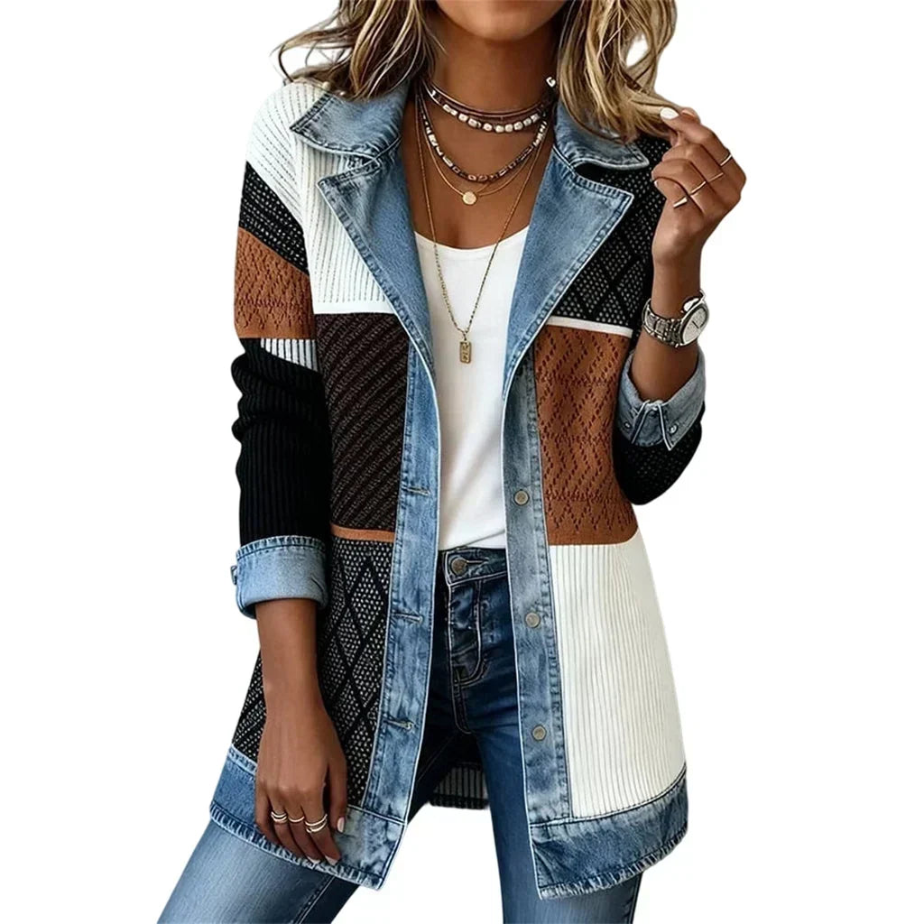 Front view of the patchwork version in black, brown, white and textured knit panels with denim trim 15