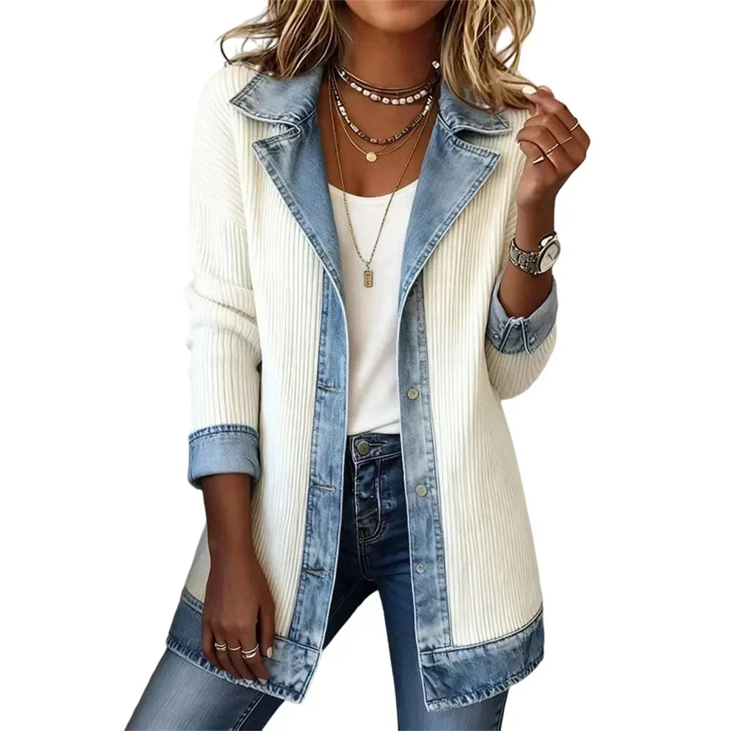 Front view of the cream white ribbed knit version with soft blue denim lapels and cuffs 16