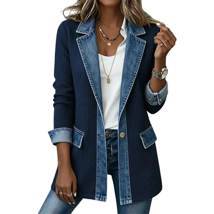Front view of the navy ribbed knit version with denim lapels, flap pockets and one gold button 17