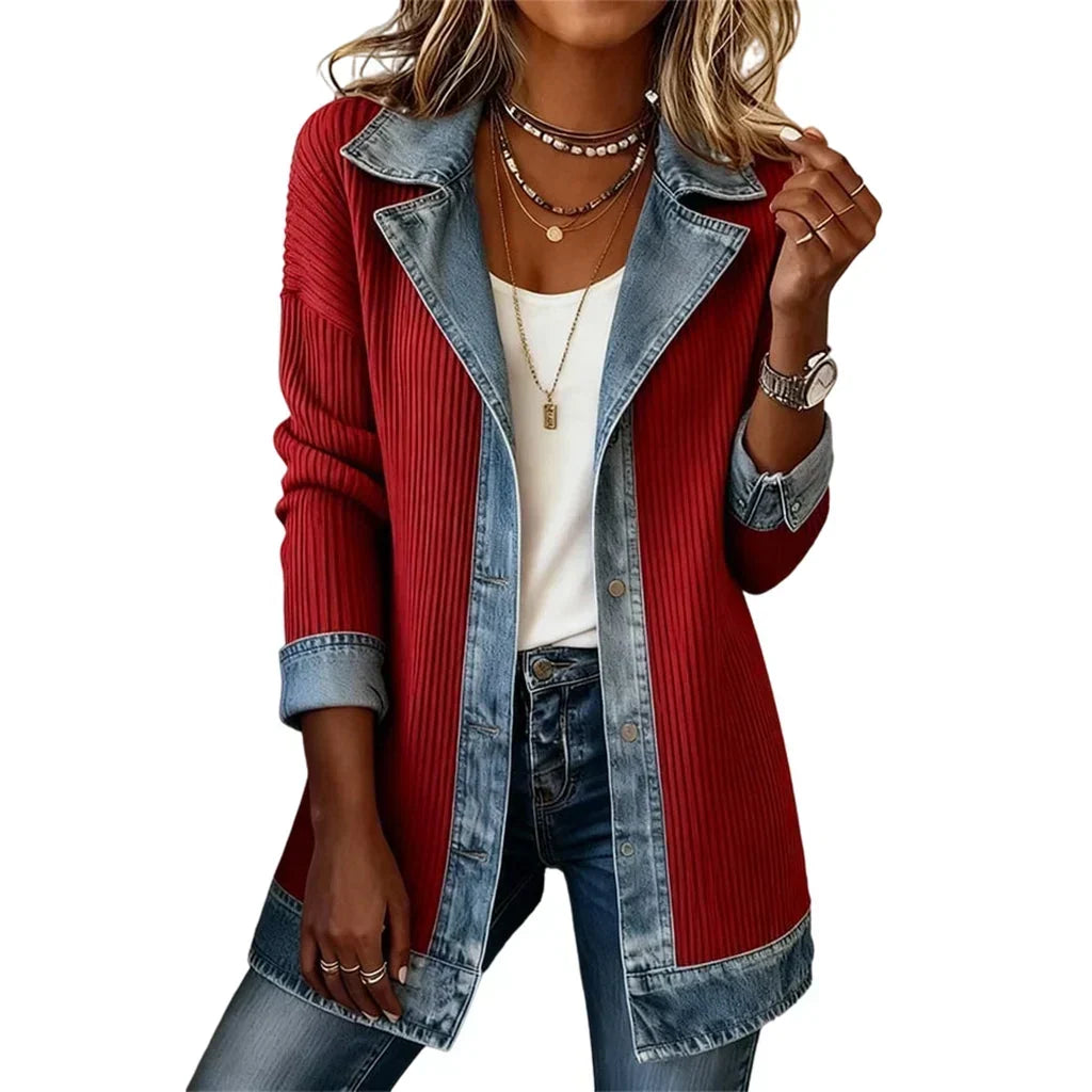 Front view of the red ribbed knit version with denim lapels, cuffs and hem trim 18