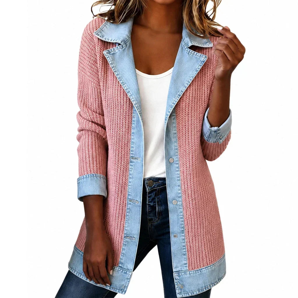 Front view of the pink chunky knit version with light denim lapels, cuffs and hem 20