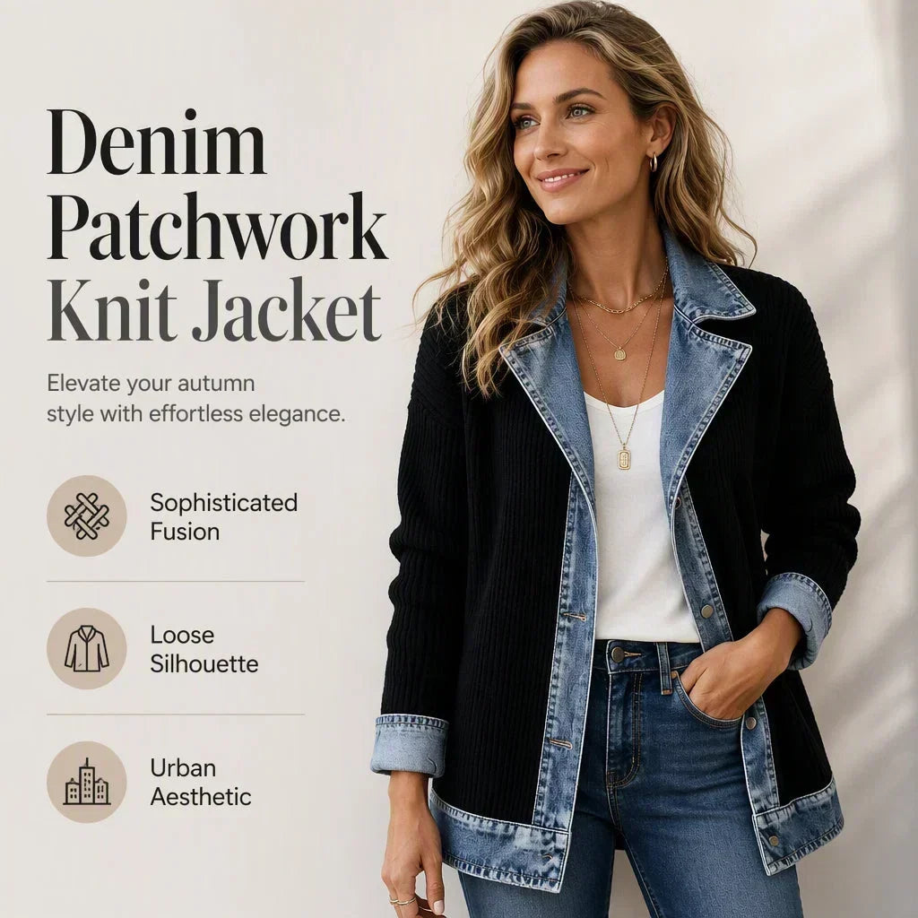Model in the black coat with hand in pocket, beside a features panel with icons 4