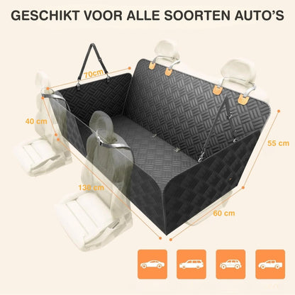 Dimensions diagram of the black cover fitted between the seats, with lengths marked in centimetres and four small car-type icons. 9