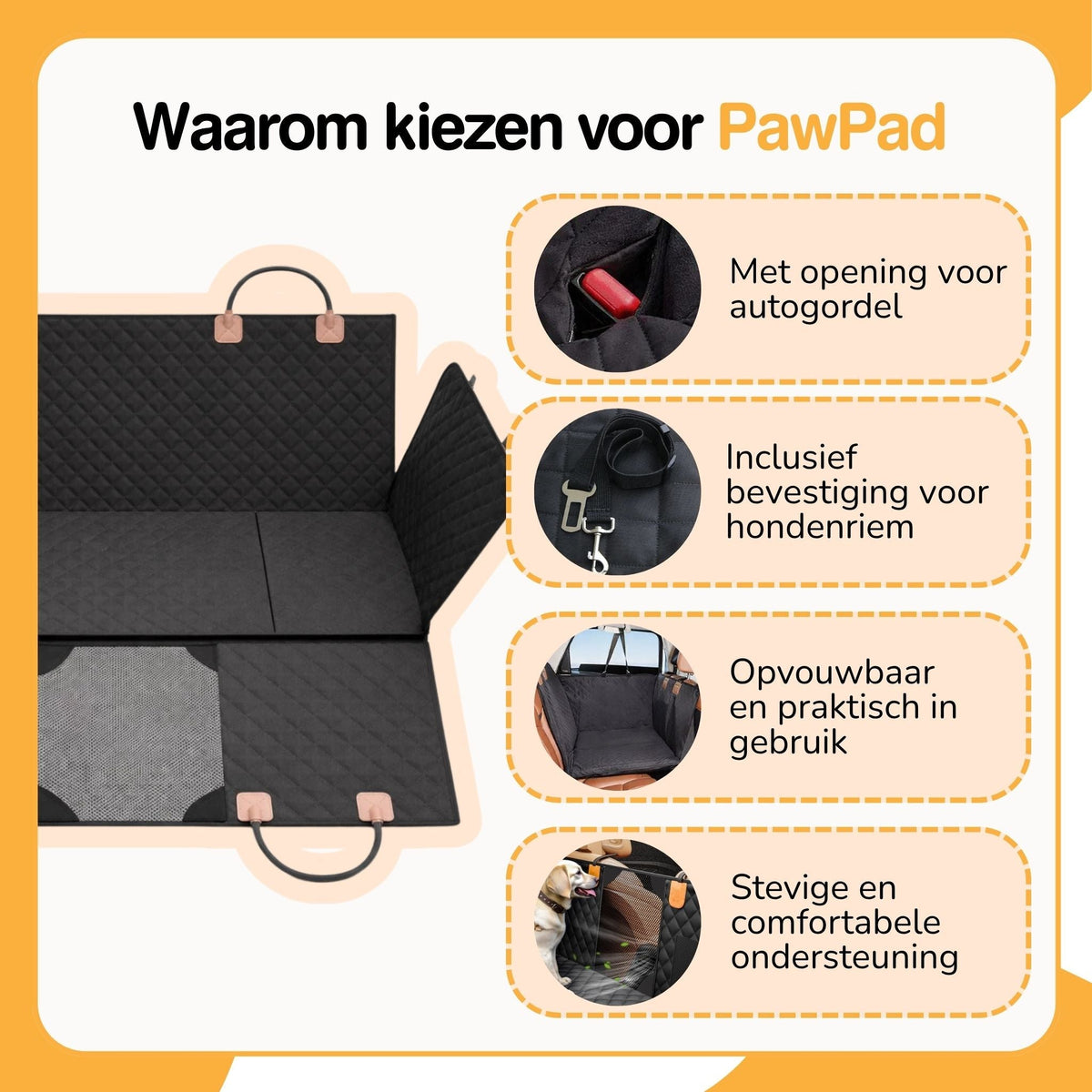 Infographic showing the folded cover with carry handles, plus close-ups of the seat belt opening, leash attachment, foldable design and sturdy support. 4