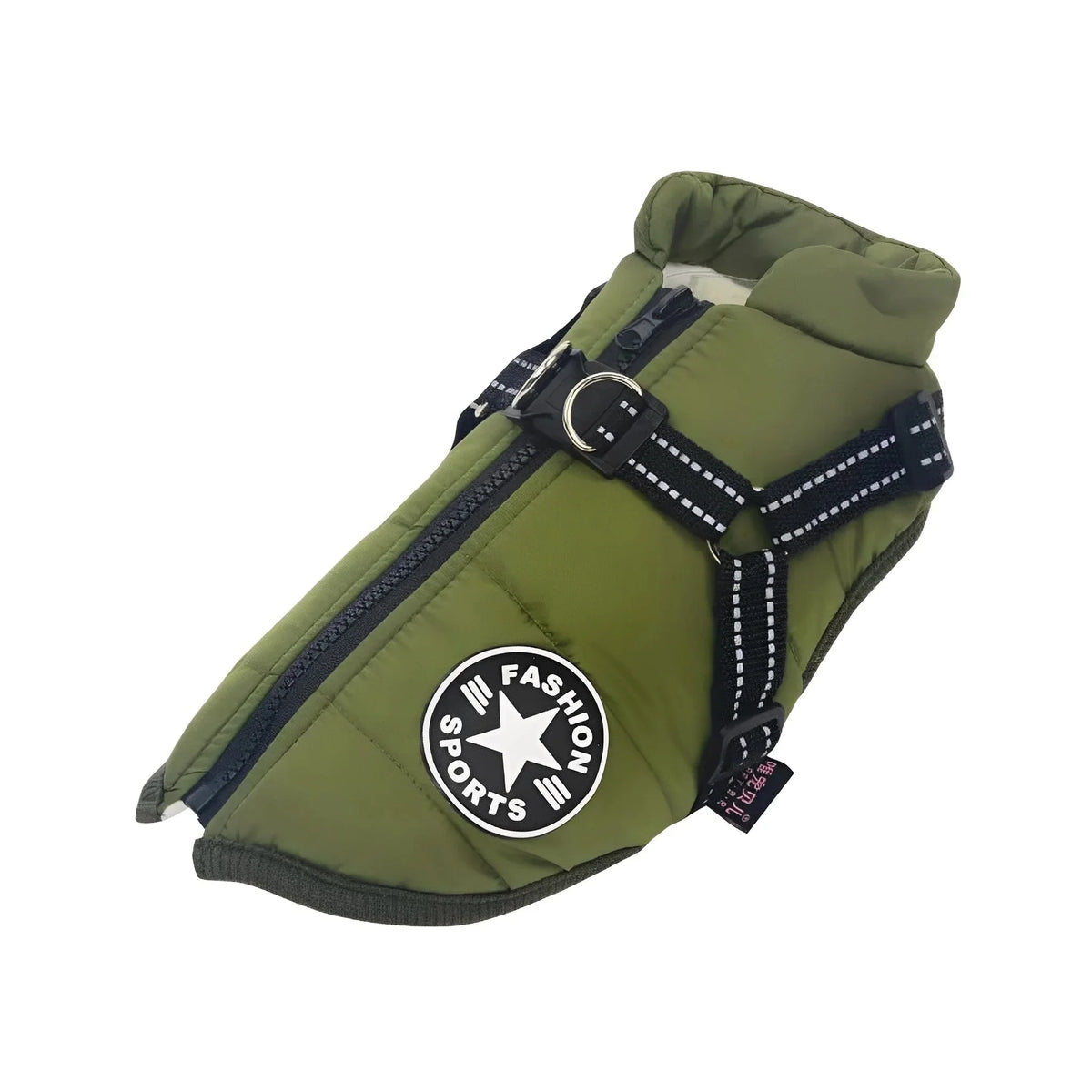 Olive green padded coat with black zip, reflective harness straps and double D-rings, shown on a white background. 16