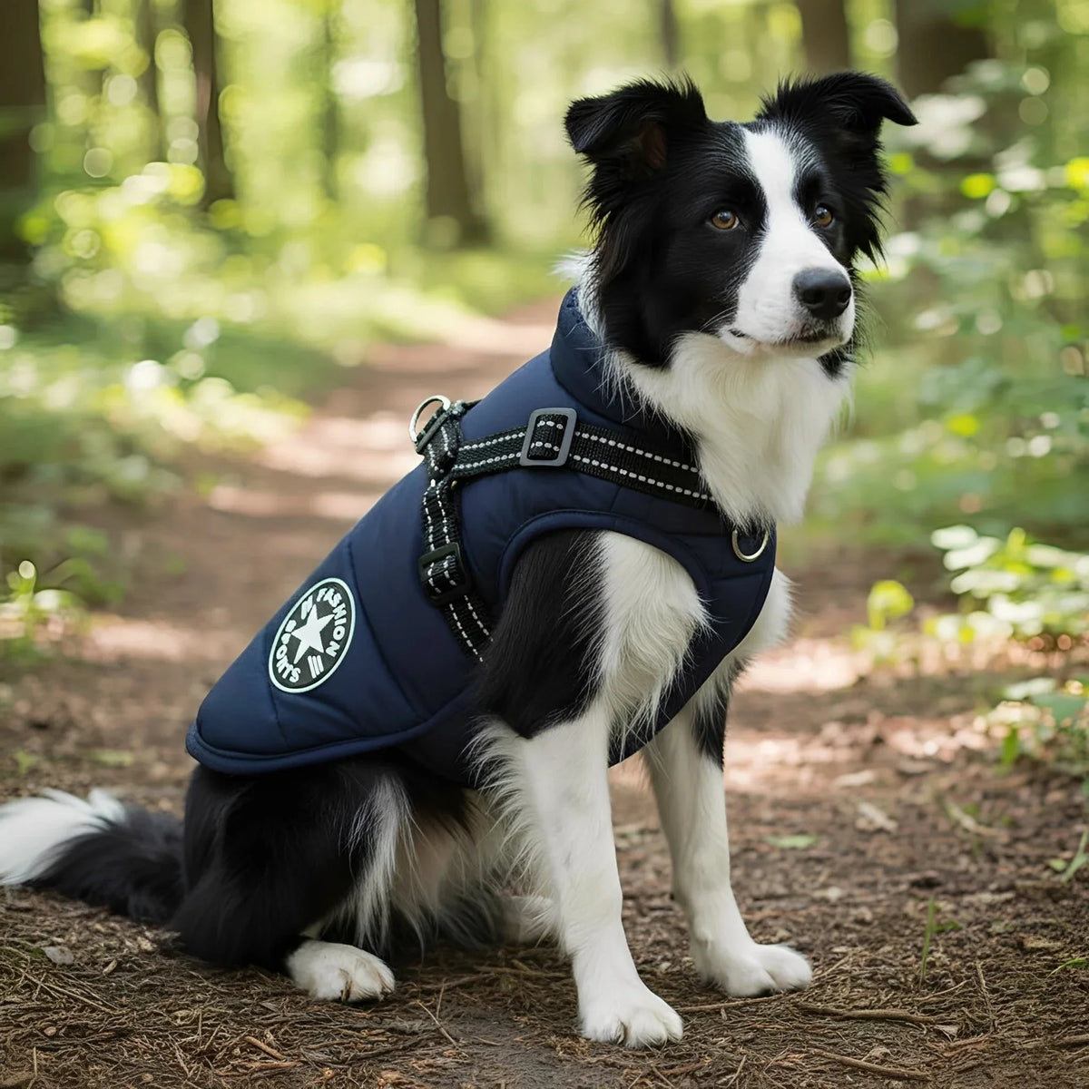 Black and white collie sitting on a woodland path wearing the navy padded coat with reflective harness straps and a round chest patch. 1