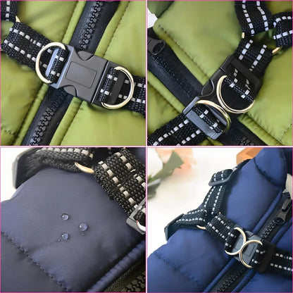 Four close-ups of the harness buckle, double D-rings and zip on green and navy coats, with water beading on the fabric. 8