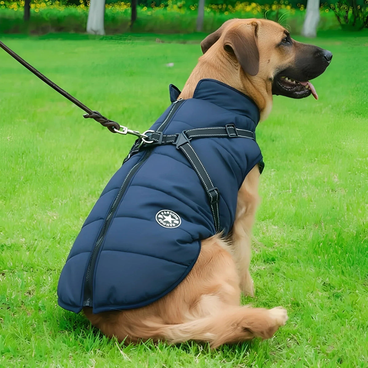 Large tan dog on a lead sitting on grass in the navy padded coat, seen from behind with zip and harness. 2