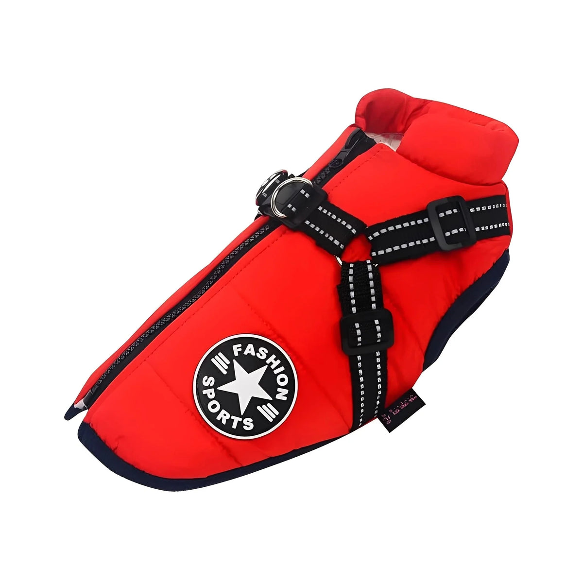 Red padded coat with navy trim, black reflective harness straps, double lead rings and a round star patch, on a white background. 19