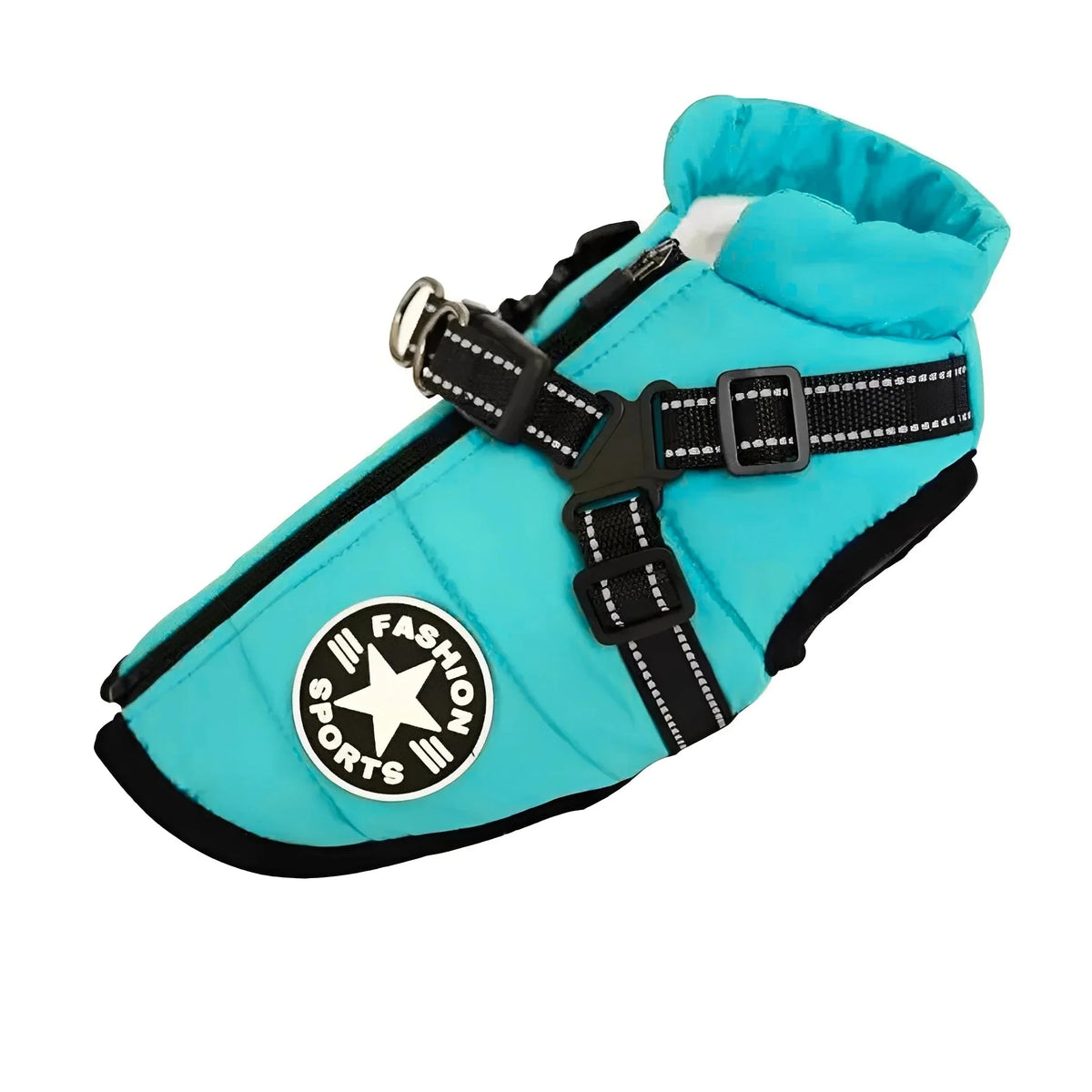 Turquoise padded coat with black trim and harness straps, buckles and lead rings, shown on a white background. 15