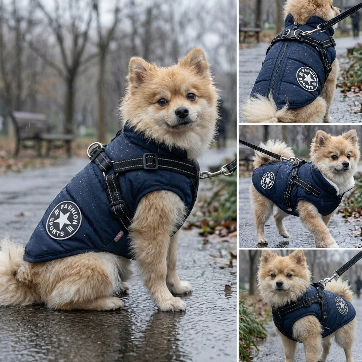 Collage of a small fluffy dog in the navy coat on a wet park path, shown from the side, back and front. 6