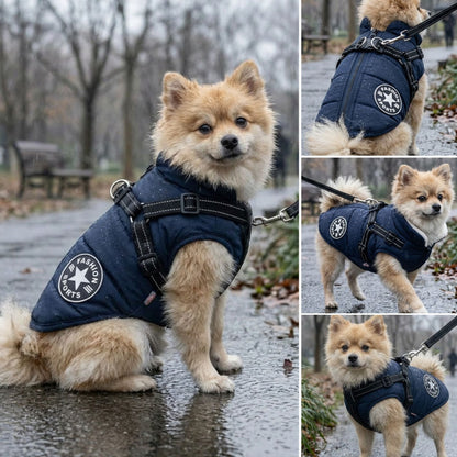 Collage of a small fluffy dog in the navy coat on a wet park path, shown from the side, back and front. 6