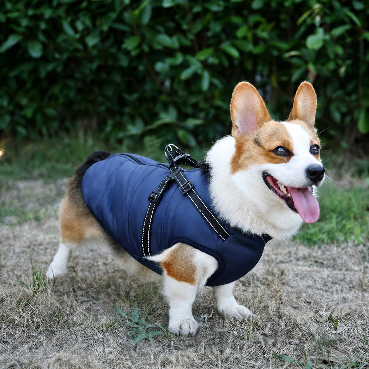 Smiling corgi standing outdoors in the navy quilted coat, with the harness straps crossing its back and a metal lead ring. 3