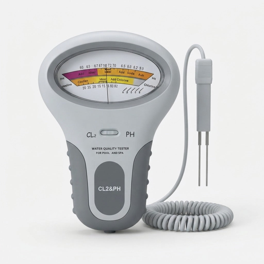 Tester on a plain light background with its coiled grey cable and twin-prong probe laid out beside the dial. 7