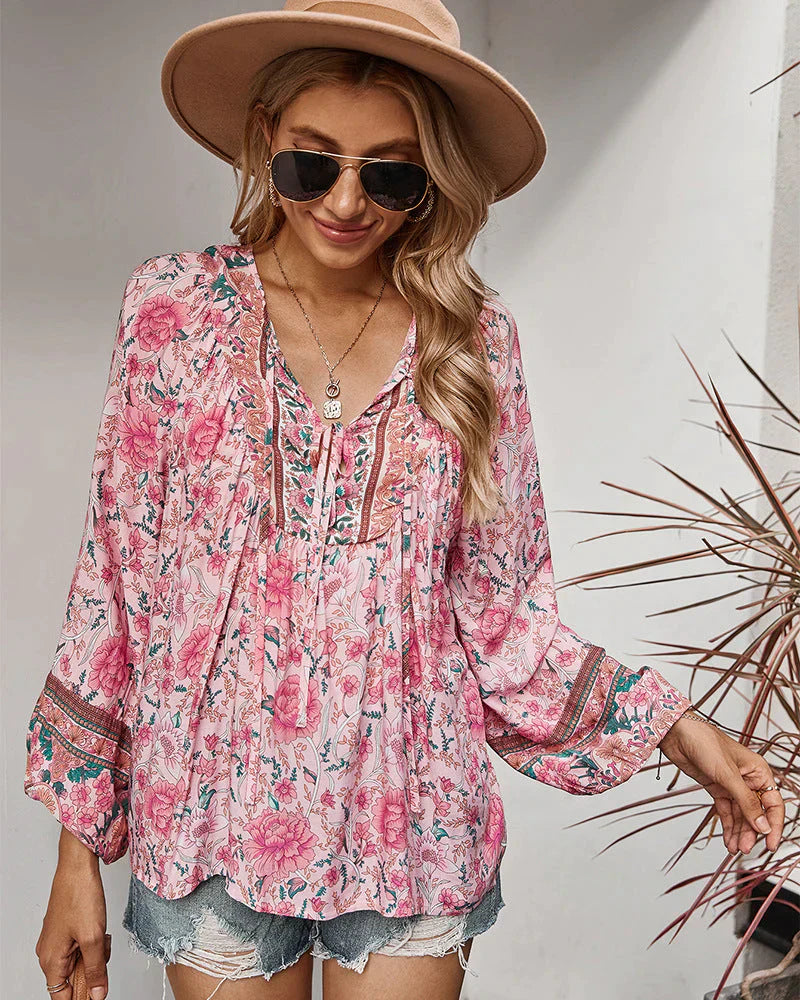 Vintage boho autumn blouse with floral print and long sleeves – Sana