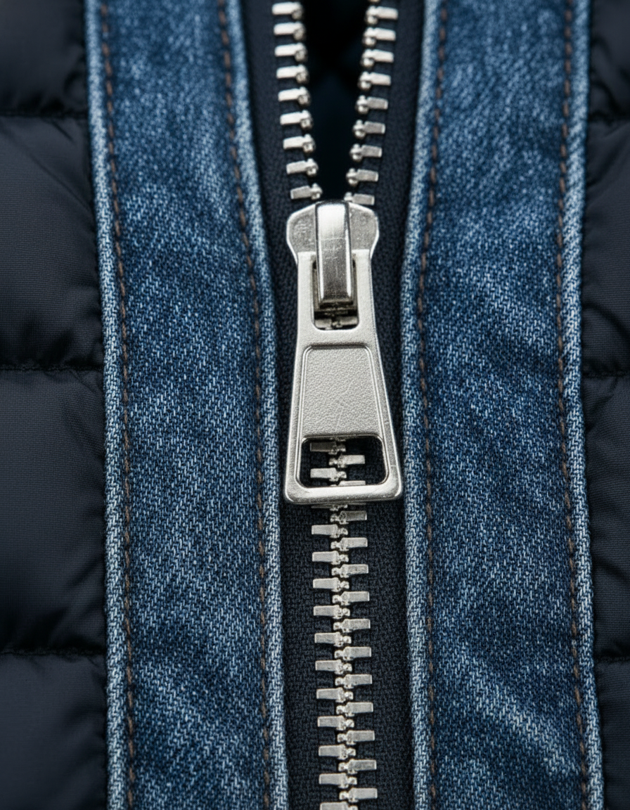 Macro detail of the silver metal zip pull and teeth set between stitched strips of washed blue denim. 4