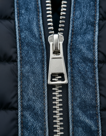 Macro detail of the silver metal zip pull and teeth set between stitched strips of washed blue denim. 4
