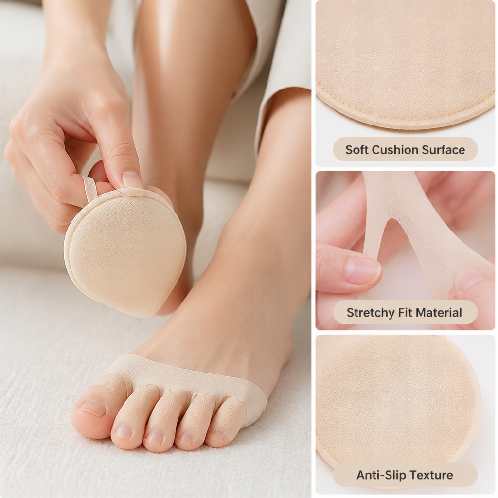 Beige forefoot pad being held up beside a worn one, with three close-ups of cushion, stretchy strap and textured surface. 4