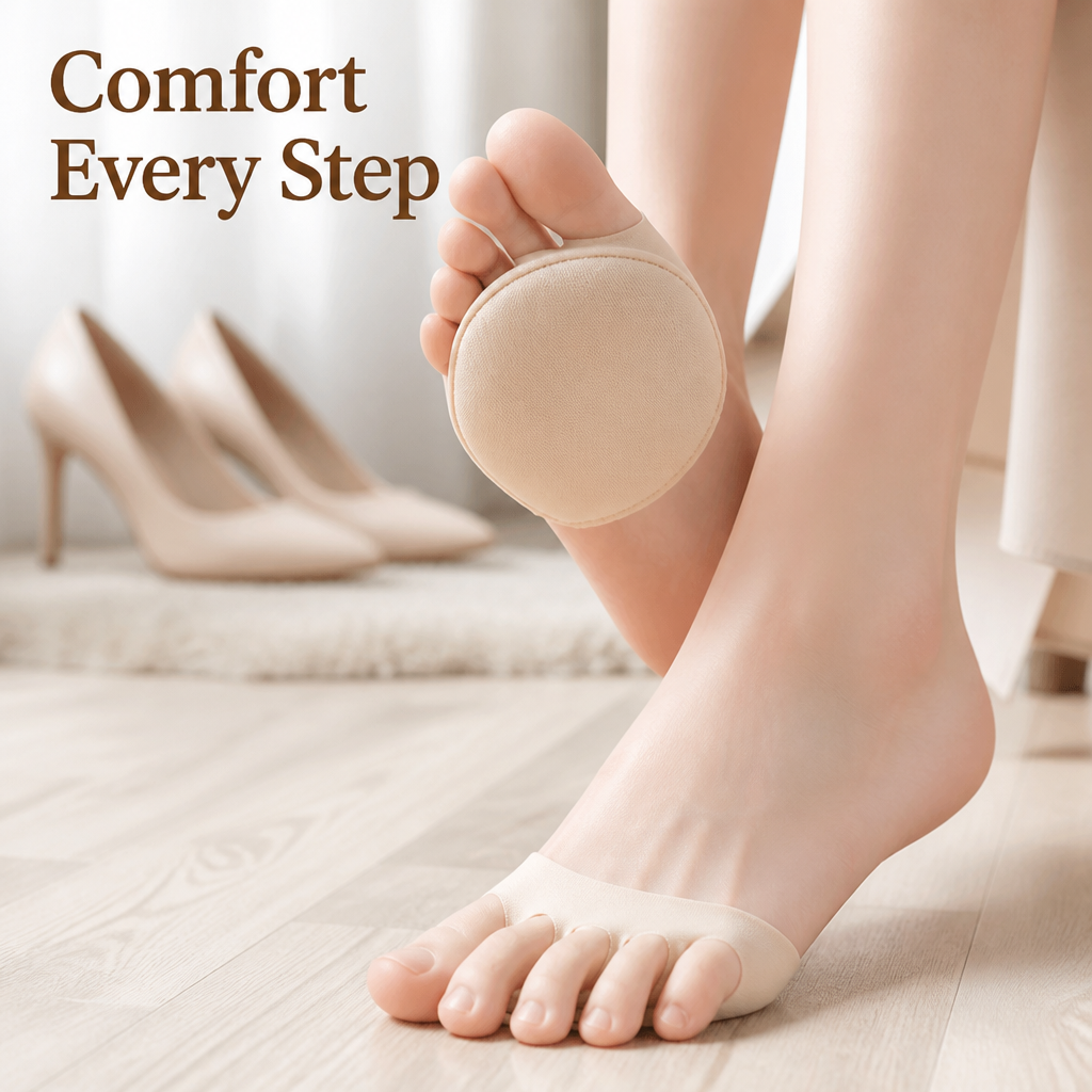 Beige forefoot cushion worn on a bare foot with a raised sole showing the round pad, high heels blurred behind. 1