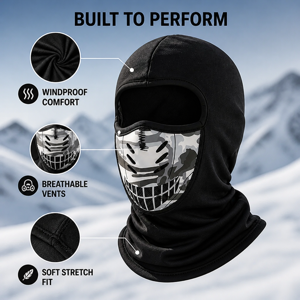 Balaclava on a snowy mountain background with close-up circles showing the fabric texture, the vented camouflage face panel and the stitched edge. 4