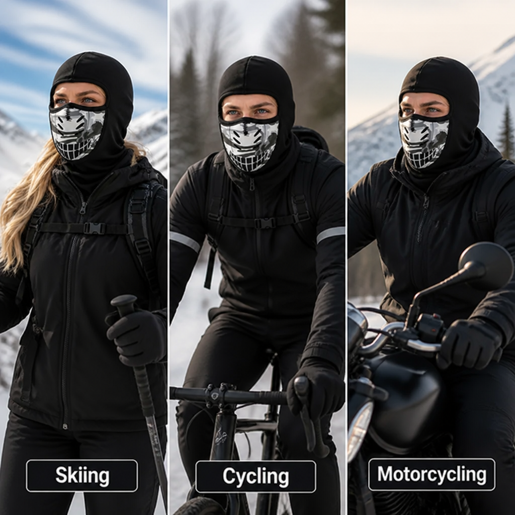 Three panels of people wearing the camouflage-panel balaclava while skiing, cycling and riding a motorcycle in cold, snowy conditions. 5