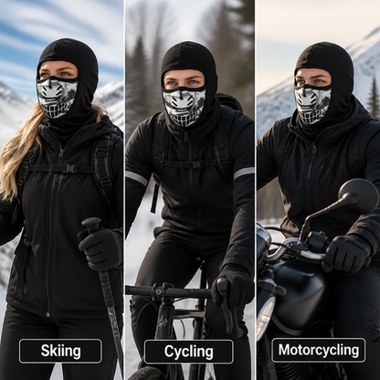 Three panels of people wearing the camouflage-panel balaclava while skiing, cycling and riding a motorcycle in cold, snowy conditions. 5