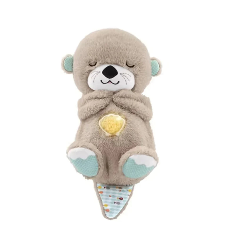 Sleepy otter plush on a plain white background, showing its closed eyes, turquoise ears and feet, glowing shell and patterned tail. 17
