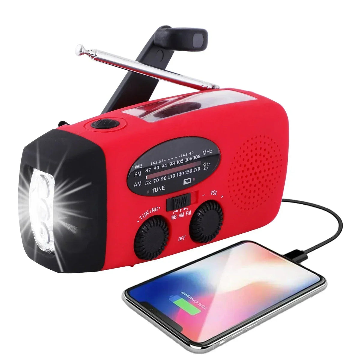 Red crank radio angled right with the torch lit, aerial extended and a phone charging 3