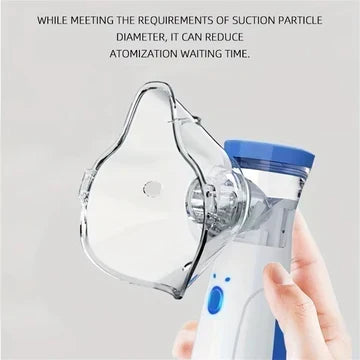 Hand holding the nebuliser with its clear mask attached, showing the size of the device in use. 10