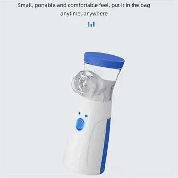 Slim handheld nebuliser without a mask, front view showing the blue lid, medicine cup and round power button, shown to emphasise its compact size. 11
