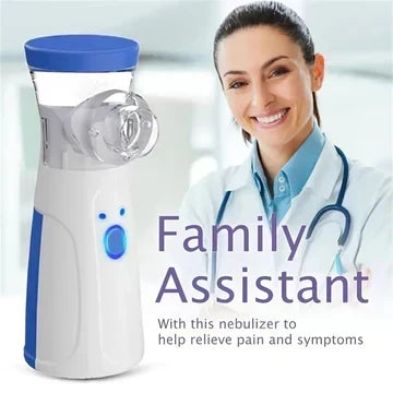 Handheld nebuliser without a mask, shown beside a smiling woman in a white coat with a stethoscope, suggesting family health use. 2