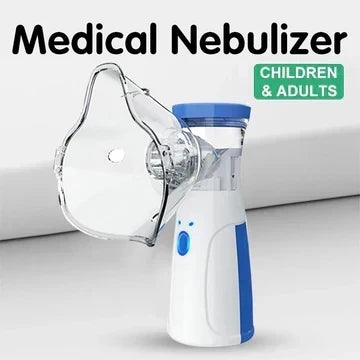 Nebuliser with face mask attached, shown upright against a plain background, with a label indicating it suits both children and adults. 3
