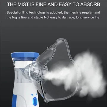 Close-up of the nebuliser mask releasing a thick plume of fine mist against a dark background, illustrating the spray output. 4
