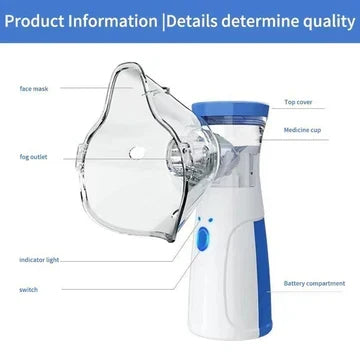 Diagram of the nebuliser with labelled parts: face mask, fog outlet, top cover, medicine cup, indicator light, switch and battery compartment. 5