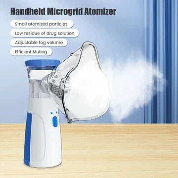 Nebuliser with mask producing mist in front of a blue background, with a short list of features beside it. 6