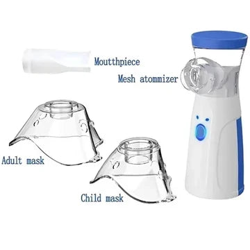 Nebuliser unit displayed with its separate accessories: a mouthpiece, an adult mask and a smaller child mask. 7
