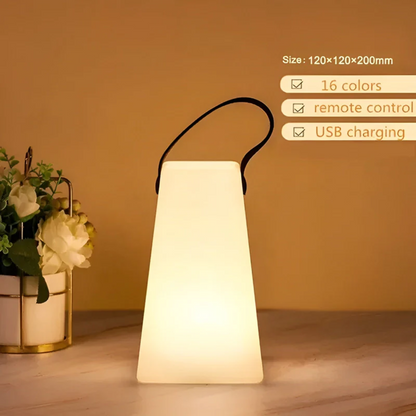 Tapered trapezoid lamp with black strap beside a flower pot, with feature list and size 10