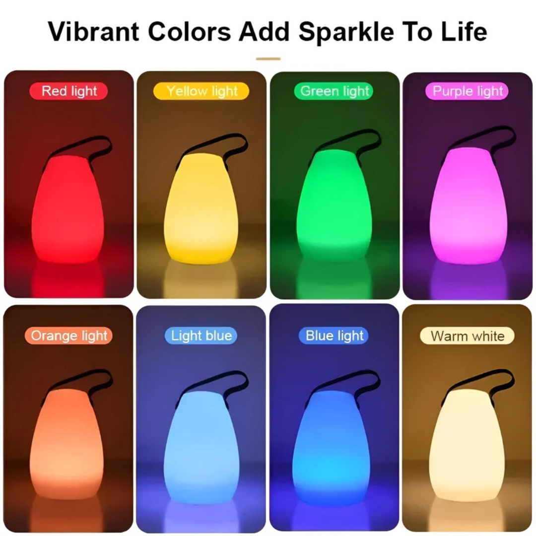 Grid of eight teardrop lamps glowing in red, yellow, green, purple, orange, light blue, blue and warm white 2