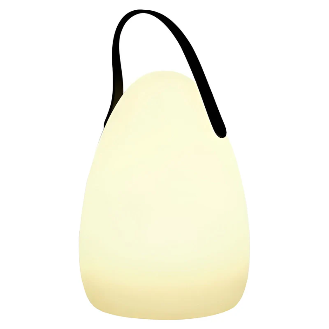 Teardrop lamp with curved black strap on a plain white background, glowing soft yellow-white 5