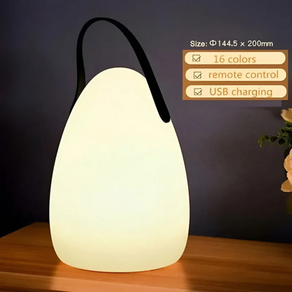 Glowing teardrop lamp on a wooden shelf with flowers, with a feature list and size 6