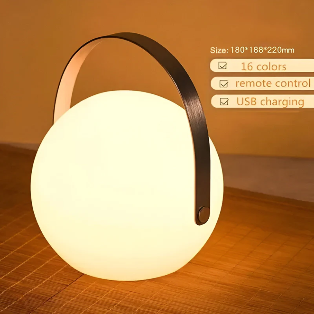 Round globe lamp with a flat black handle on a woven mat, with feature list 7