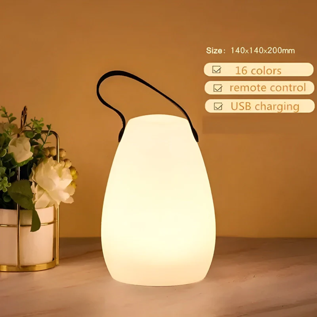 Rounded vase-shaped lamp with black strap beside a flower pot, with feature list and size 8