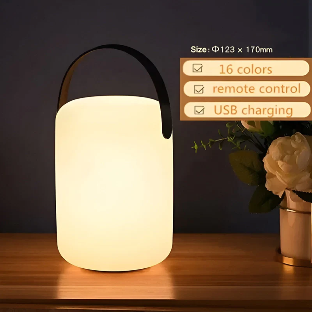 Cylindrical lamp with black handle on a wooden shelf beside white peonies, with feature list 9