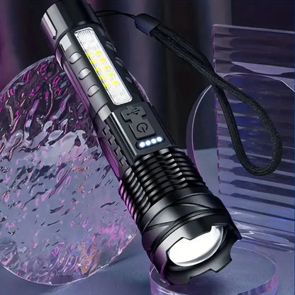 Torch leaning against clear, rippled acrylic panels, with its wrist strap hanging beside the side light panel 6