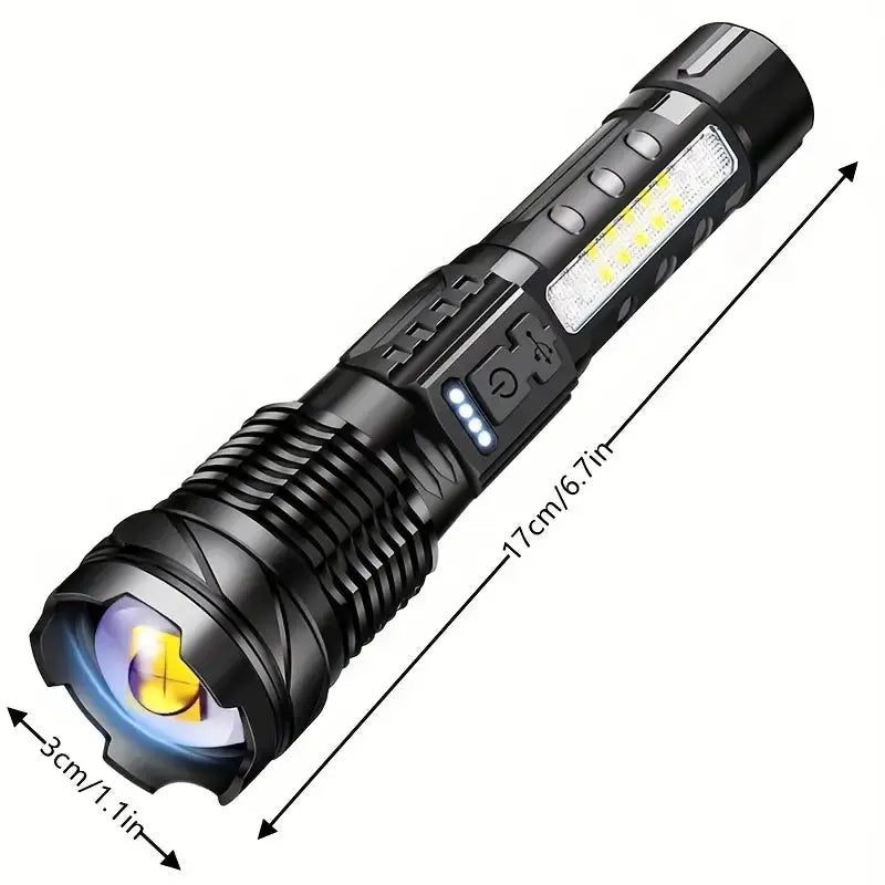 Torch shown at an angle with arrows marking its length and diameter 7