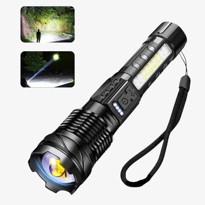 Black torch with wrist strap, side light panel and charge indicator, beside two night-time beam scenes 1